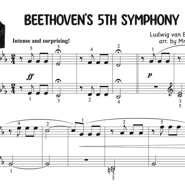 Beethoven's 5th Symphony Two-Hand Intermediate Piano Piece for Kids, Piano Music for Kids, Piano Sheet Music for Kids, Printable Piano Music