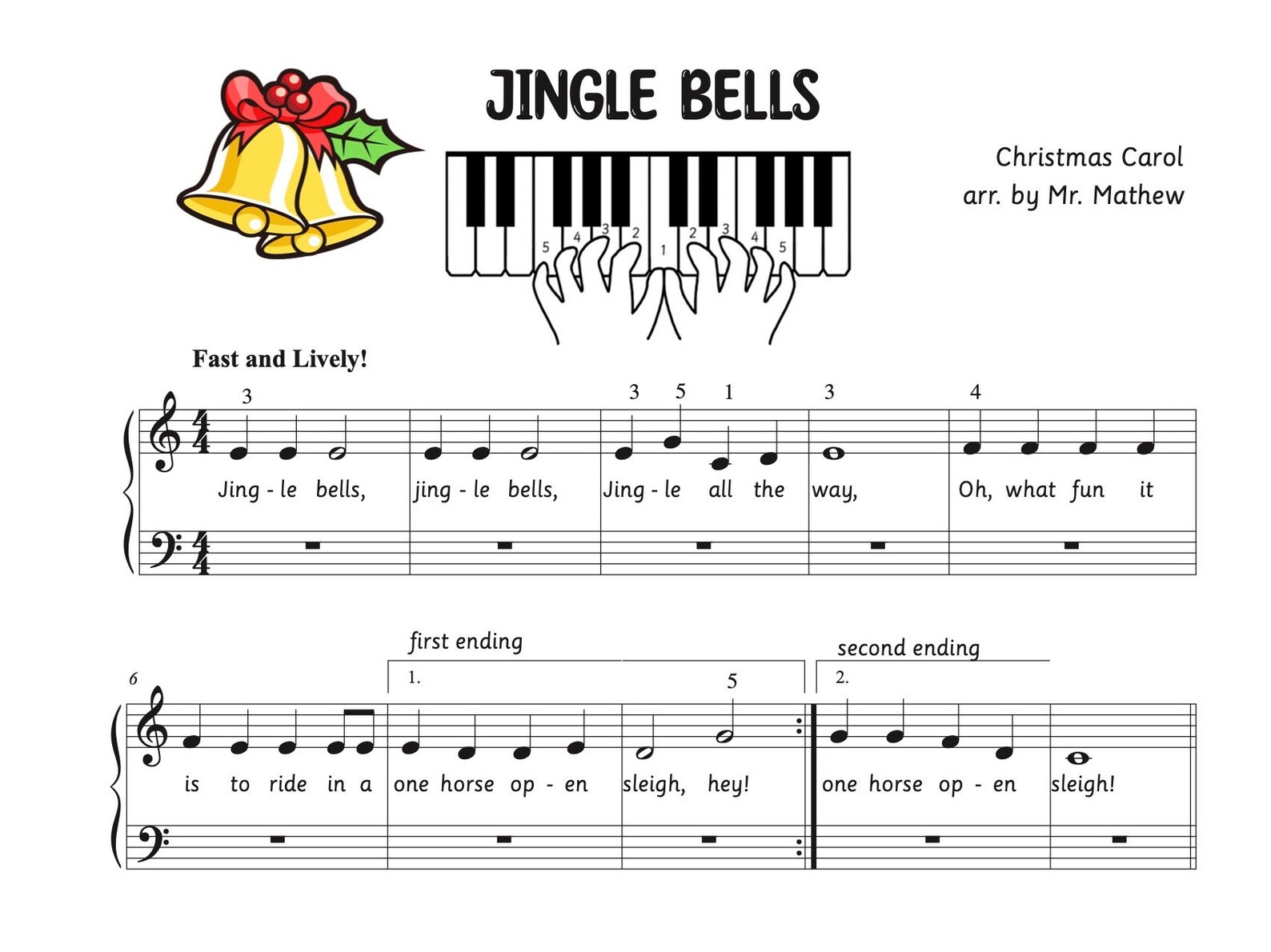 Jingle Bells Beginner Two-hand Piano Christmas Song, Music for Kids, Piano Music for Kids, Piano ...