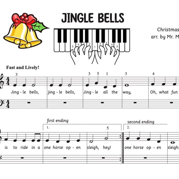 Jingle Bells Beginner Two-Hand Piano Christmas Song, Music for Kids, Piano Music for Kids, Piano Sheet Music for Kids, Printable Piano Music