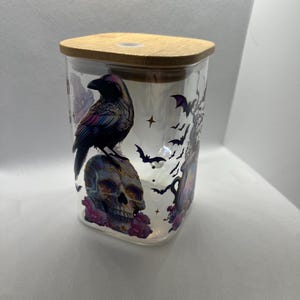 Witchy Gothic Glass Cup with Bamboo Lid – Raven, Skull & Cauldron Design