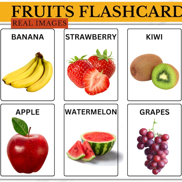 Fruits, Real, Flashcards, Montessori, School, Classroom, Kitchen, Children, Kids, Pre School, PDF, Digital, Learning, Daycare, Babysitting