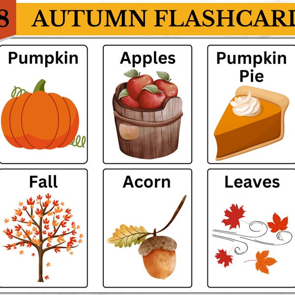 Autumn, Fall Flashcards, Vocabulary, October, November, Halloween, Classroom, School, Homeschool, Cutouts, Words, Seasons, Orange, Children