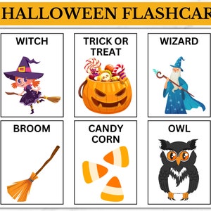 Puede incluir: Conjunto de seis tarjetas de memoria de Halloween con ilustraciones de una bruja, truco o trato, mago, escoba, maíz dulce y un búho. Las tarjetas de memoria son blancas con bordes negros y texto.