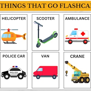 Things that go, Flashcards, Vehicles, Transportation, Construction, Educational, Preschool, Homeschool, Learning Material, Cutouts, Digital