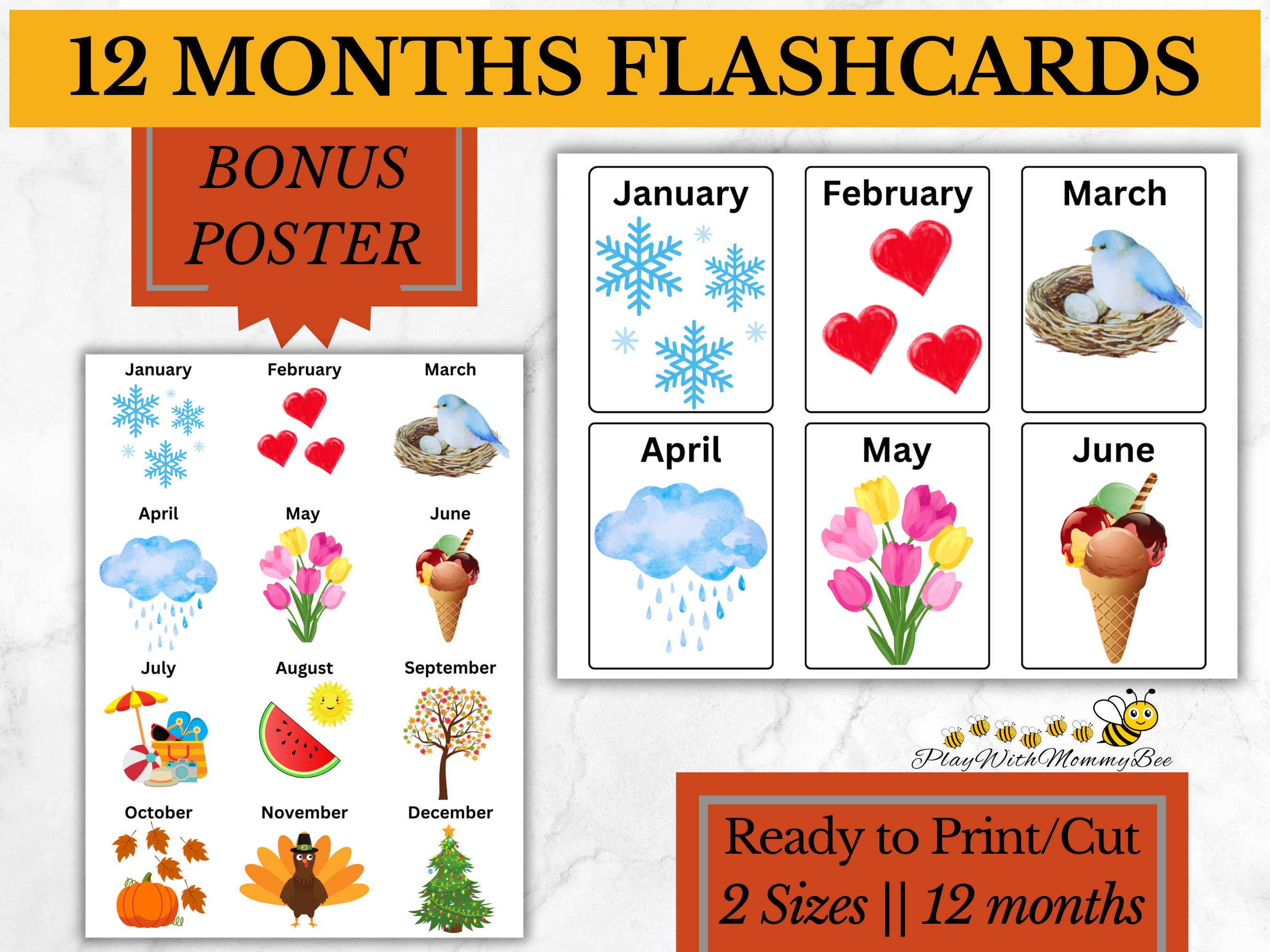 12 Months Flashcards, Bonus Poster, Printable, Education, Preschool ...