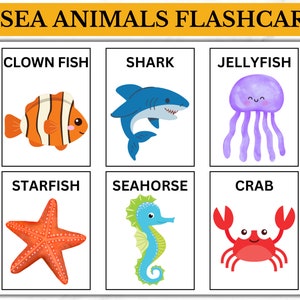 Sea Animals, Flashcards, Aquatic, Marine, Water, Ocean, Preschool, Homeschool, Learn Material, Aquarium, Kids Cutouts, PDF, Digital