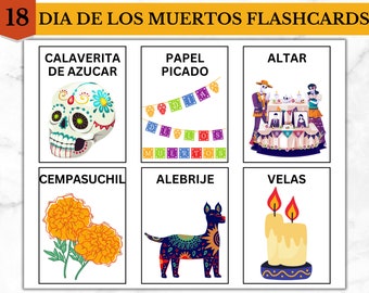 Könnte beinhalten: Ein Satz von 6 bunten Lernkarten mit Illustrationen und spanischem Text zum Thema Tag der Toten. Die Karten zeigen Bilder von einem Zucker Schädel, Papel Picado, einem Altar, Cempasúchil Blumen, einem Alebrije und Kerzen.