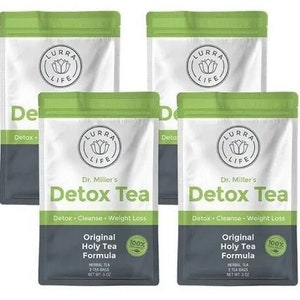 May include: Four pouches of Dr. Miller's Detox Tea, a herbal tea blend for detox, cleanse, and weight loss. Each pouch contains 2 tea bags and is labeled "Original Holy Tea Formula" with a 100% guarantee.
