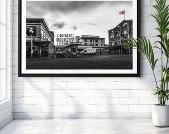 Seattle Public Market Center Black and White Photo Print, Pike Place Wall Art, Urban Landmark Photography, Cityscape Home or OfficeDecor