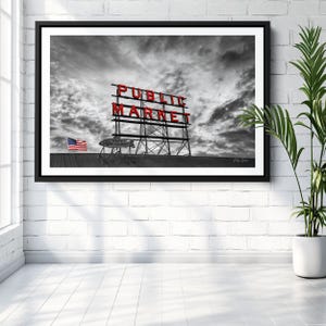 Pike Place Market Seattle Art Print | Black & White Wall Art | Iconic Public Market Sign Decor | Seattle Photography | Washington Poster