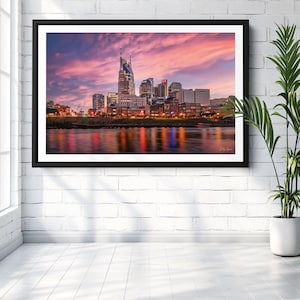 Nashville Skyline Sunset Print, Cityscape Wall Art, Downtown Nashville Photography, Cumberland River Reflection, Modern Urban Decor