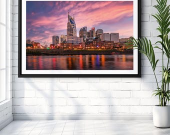 Nashville Skyline Sunset Print, Cityscape Wall Art, Downtown Nashville Photography, Cumberland River Reflection, Modern Urban Decor