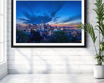 Seattle Skyline Wall Art, Twilight Cityscape Print, Downtown Washington Photography for Home Decor