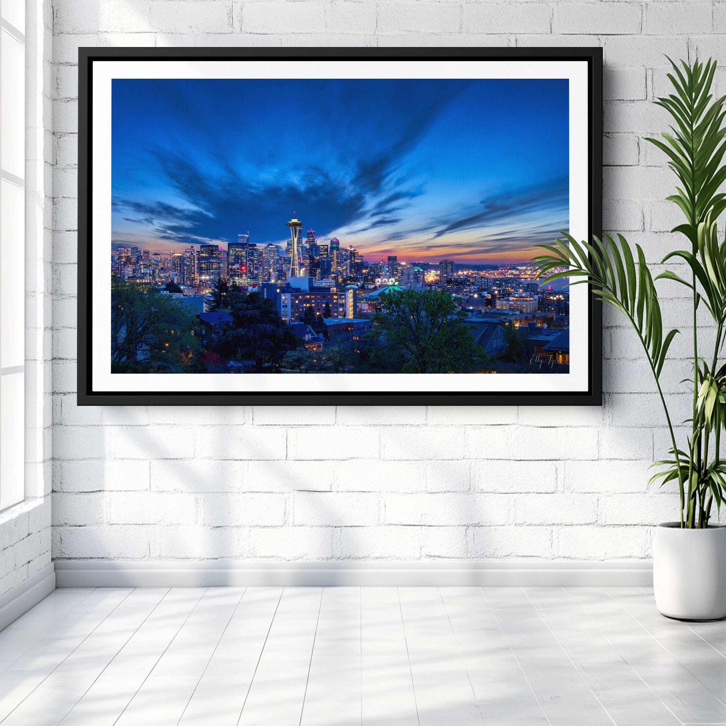 Seattle Skyline Wall Art, Twilight Cityscape Print, Downtown Washington Photography for Home Decor