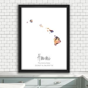 May include: A framed wall art print featuring a white background with a map of the Hawaiian islands filled with a sunset and palm tree graphic. Below the map, the text reads Hawaii, The Aloha State, and the coordinates 20.2927 N, 156.3737 W.