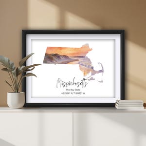 Massachusetts State Karte Wand Kunst Druck, Aquarell Küste Sonnenuntergang Dekor