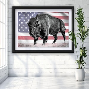 アメリカバイソンのプリント、バッファローのアメリカ国旗のウォールアート、愛国的な装飾