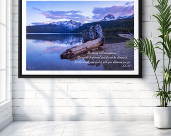 Christian Wall Art, Joshua 1:9 Scripture, Redfish Lake Sunset Photo, Idaho Nature Scene Art, Customizable Mountain Lake Print