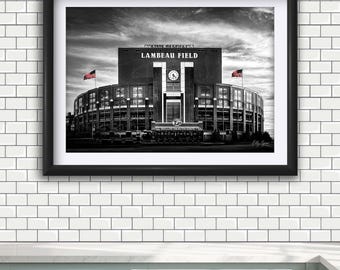 Lambeau Field Black and White Print, Green Bay Packers Stadium Art (Framed)