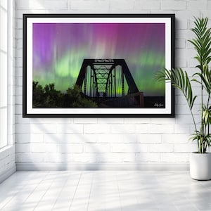 Northern Lights Landscape Print, Aurora Borealis Wall Art, Mountain and Bridge Scene, Colorful Photography Home Decor