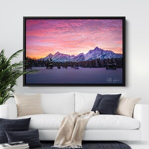 Grand Teton Mountain Sunset Photo, Winter Tree Mountain Landscape Print, Pink Winter Mountain Sunset Canvas, Snowy Wyoming Mountain Print