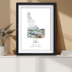 Idaho State Map Wall Art Print, Watercolor Trout in Stream Decor