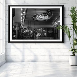 Pike Place Seattle Public Market Wall Art, Black & White Photography, Fish Market Neon Signs, Urban Decor, Vintage Seattle Landmark Print