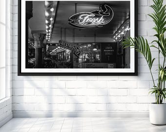Pike Place Seattle Public Market Wall Art, Black & White Photography, Fish Market Neon Signs, Urban Decor, Vintage Seattle Landmark Print