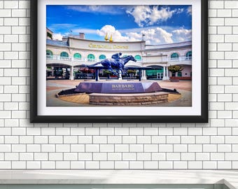 Impressão artística de Churchill Downs, estátua de Barbaro no Kentucky Derby para decoração de parede, foto de corrida de cavalos.