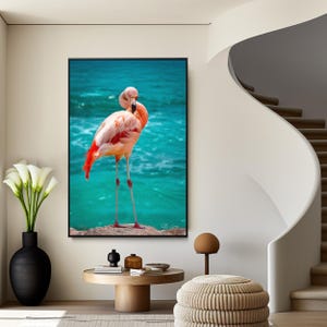 Stampa fenicottero / Arte murale a tema spiaggia / Decorazione murale con fenicotteri rosa / Arte murale su tela costiera / Decorazione murale tropicale / Stampa poster fenicottero