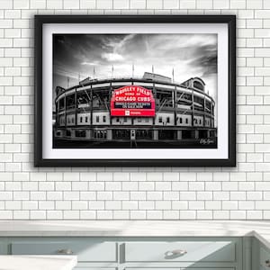 Impresión del estadio Wrigley Field de los Chicago Cubs, arte de béisbol en blanco y negro