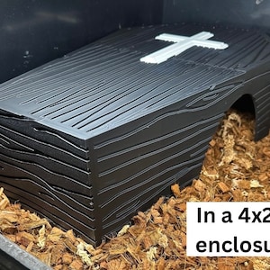 May include: A black coffin-shaped hideaway for small pets, made of textured plastic, with a white cross on top. In a 4x2x2 enclosure.