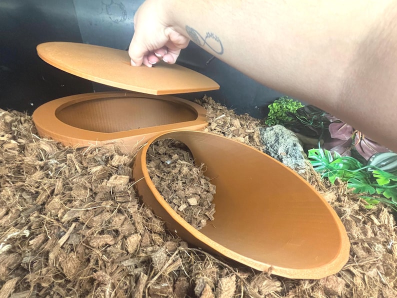 May include: Two brown, ceramic reptile hides with a textured surface. The hides are partially filled with brown coconut fiber.