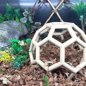 May include: A white geodesic dome made of plastic, sitting on a bed of brown wood chips. The dome is a reptile hide for a terrarium.