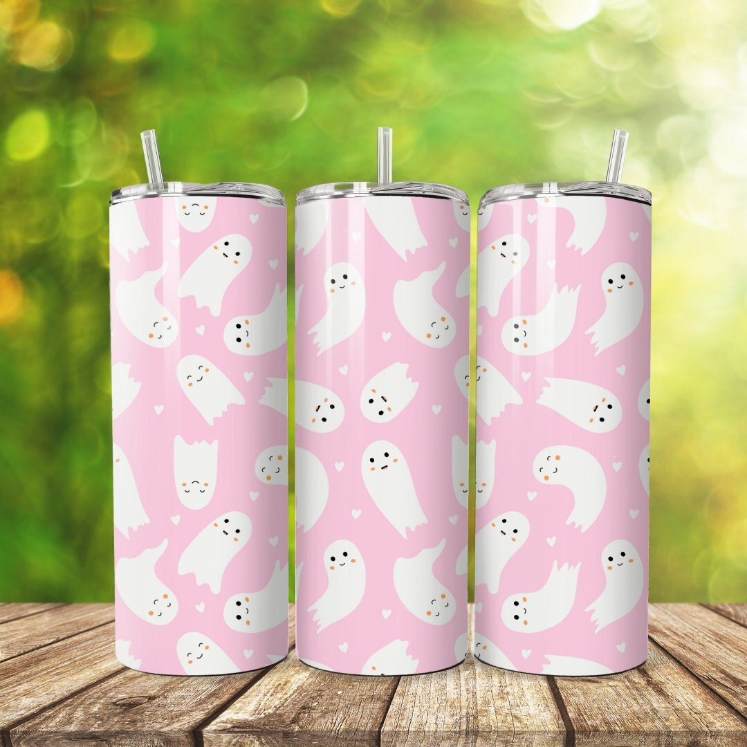 Wellness Double Wall Steel Pink Tumbler Straw 30oz Halloween Boo Ghosts