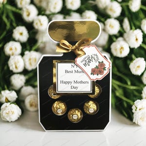 Caja de regalo con selección de chocolates para el Día de la Madre, con frasco de perfume, versiones de lujo en dorado y negro para mamá, archivos SVG.