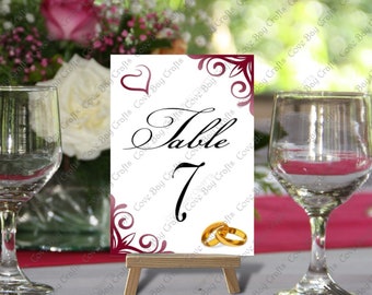 Wine Red Wedding Table Number Set Tables 1 to 21 & Top Table Printable Non Editable Download 5 x 7, 4 x 6
