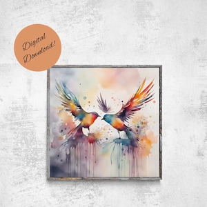 Original Artwork of Two Birds, Watercolor, Printable Wall Art, Splash Art, Gallery Wall Art, Modern Home Decor Art