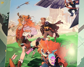 May include: A colorful illustration of a group of fantasy characters in a forest setting. The characters are dressed in various costumes and are holding weapons and other items. The illustration is done in a cartoon style and features bright colors.