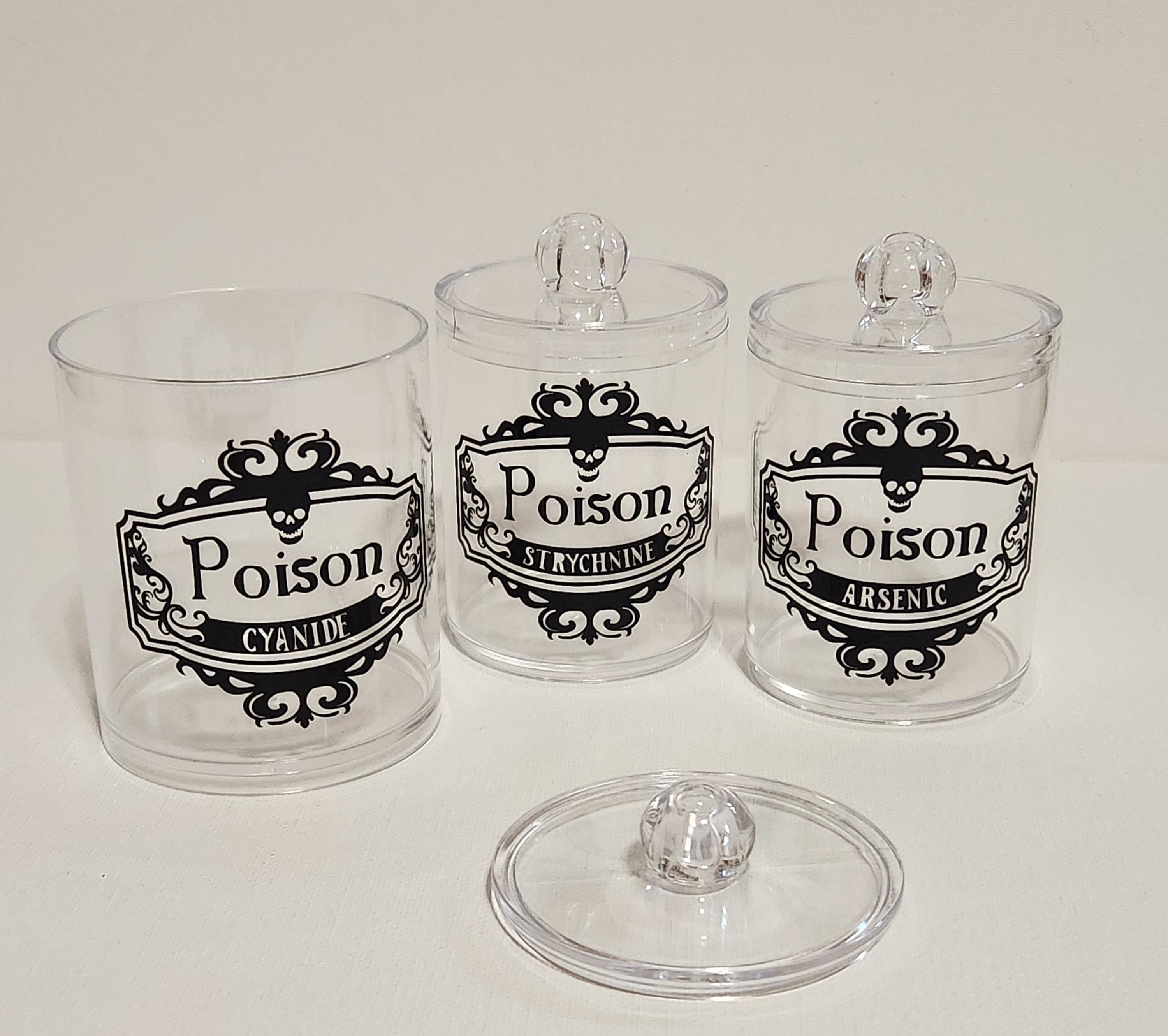 Clear 3 Jar Set - Poison - Strychnine, Arsenic, and Cyanide Bathroom / Kitchen Storage Jars