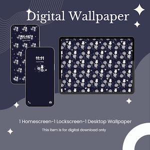 May include: Digital wallpaper set shown on a phone and tablet. The screens display a dark blue floral pattern with white bunny and butterfly accents. The phone screens also show the time "11:11". The text at the top reads "Digital Wallpaper".