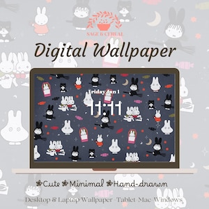 May include: A laptop screen displaying a dark grey digital wallpaper with a repeating pattern of white and black rabbits, small coffins, and sweets. The screen shows the text Friday Jan 1 and the time 11:11. The background features the text Sage & Cereal.