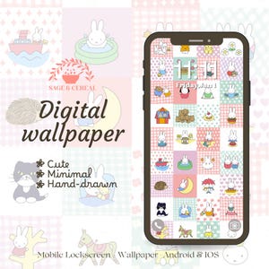 Puede incluir: Un teléfono inteligente que muestra un fondo de pantalla digital con una cuadrícula de cuadrados de colores pastel con ilustraciones dibujadas a mano de un conejo blanco, un erizo, un gato y varios juguetes. El texto dice Sage & Cereal, Digital wallpaper, Cute, Minimal, Hand-drawn y Mobile Lockscreen Wallpaper - Android & IOS.