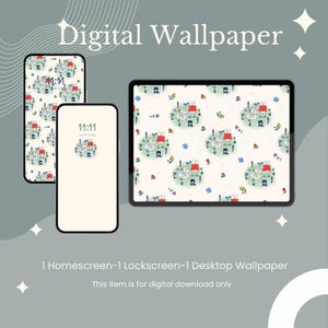 May include: Digital wallpaper design displayed on a phone and tablet. The wallpaper features a repeating pattern of cartoon rabbits, flowers, and houses. The phone displays the time 11:11. Text at the top reads "Digital Wallpaper". The bottom text says "1 Homescreen-1 Lockscreen-1 Desktop Wallpaper".