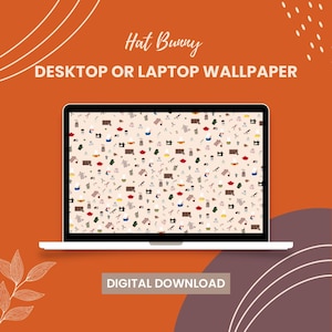 May include: A laptop displays a wallpaper with a repeating pattern of sewing-related icons in red, green, and black on a beige background. The words "Hat Bunny" and "Desktop or Laptop Wallpaper" are above the laptop. The words "Digital Download" are below.