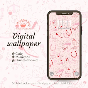 Könnte beinhalten: Ein Smartphone mit einem digitalen Hintergrundbild, das ein sich wiederholendes Muster aus handgezeichneten rosa-weißen Illustrationen von Hasen, Cowboystiefeln, Hufeisen und Hüten zeigt. Der Text Sage & Cereal, Digital wallpaper, Cute, Minimal, Hand-drawn und Mobile Lockscreen - Wallpaper - Android & IOS ist sichtbar.