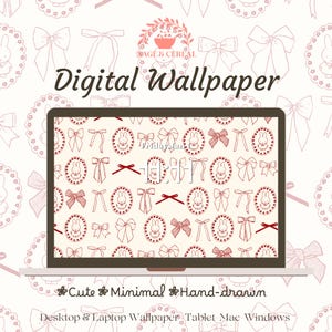 May include: A digital wallpaper displayed on a laptop screen featuring a repeating pattern of hand-drawn rabbits in ornate oval frames and various bows in shades of red on a cream background. The text reads Digital Wallpaper, Sage & Cereal, Cute Minimal Hand-drawn, and Desktop & Laptop Wallpaper Tablet Mac Windows.