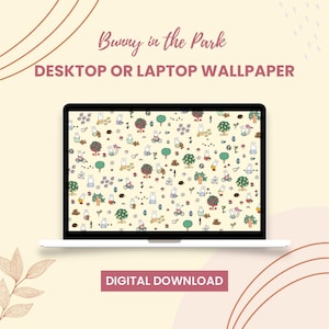 May include: A digital download of a desktop or laptop wallpaper featuring a repeating pattern of bunnies in a park. The wallpaper is yellow with bunnies, trees, flowers, birds, and bicycles.