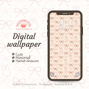 May include: A smartphone displaying a digital wallpaper with a repeating pattern of red bows and white rabbit outlines on a cream background. The text reads Sage & Cereal, Digital wallpaper, Cute, Minimal, Hand-drawn, Mobile Lockscreen, Wallpaper, Android & IOS.