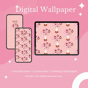 May include: Pink digital wallpaper set for phone and tablet. The screens display a repeating pattern of white rabbits, teacups, and floral elements. The text "Digital Wallpaper" is at the top. The image includes the text "1 Homescreen-1 Lockscreen-1 Desktop Wallpaper".